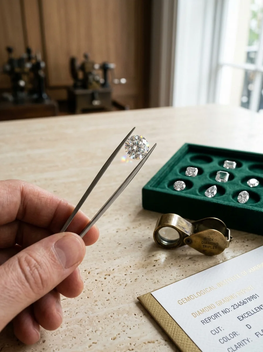 Master gemologist inspecting a loose certified brilliant cut diamond with precision tweezers and loupe