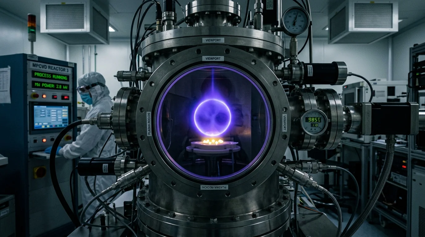 High-tech Microwave Plasma CVD Reactor with glowing violet plasma ball synthesizing diamond crystals