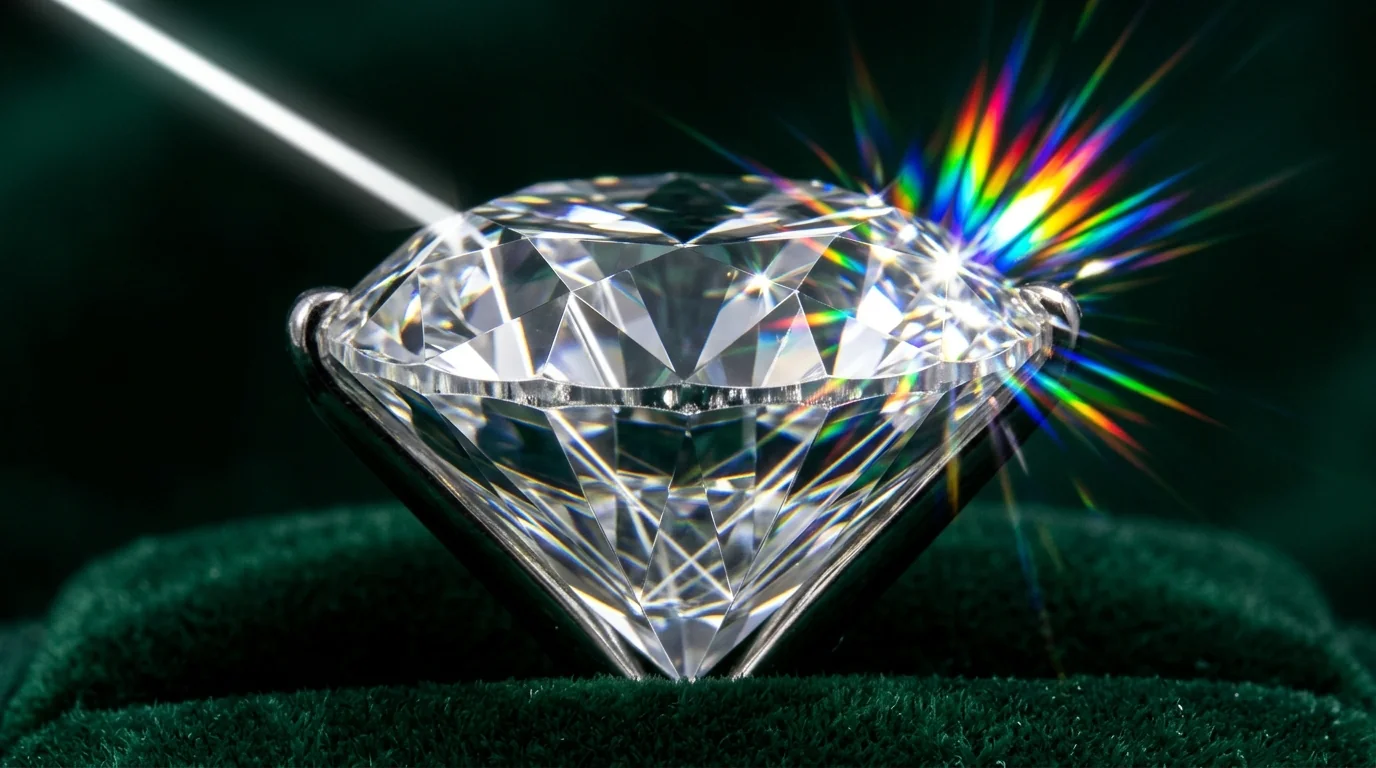 Diamond optical physics showing light ray entering table and dispersing into rainbow fire and brilliance