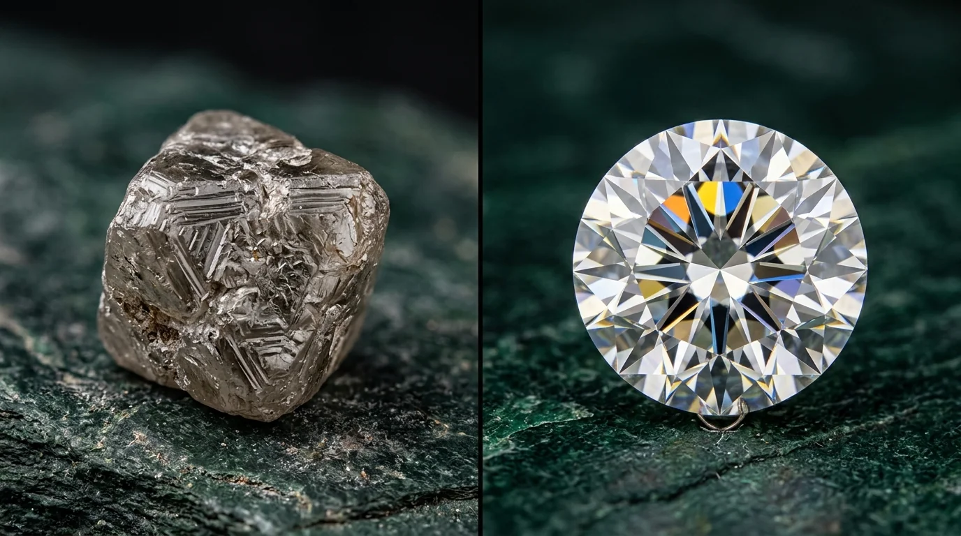 Rough natural octahedral diamond crystal next to a polished brilliant cut diamond