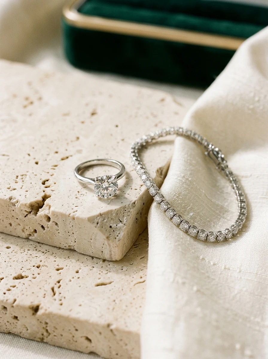 High-end bespoke diamond solitaire ring and tennis bracelet arranged on warm cream travertine stone and textured ivory silk